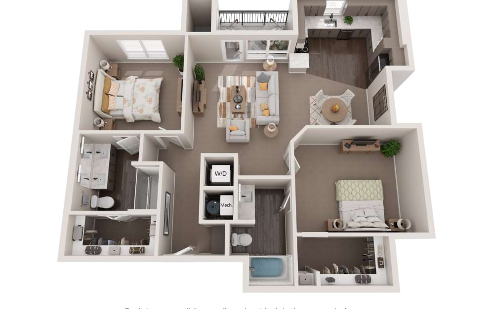Essex - 2 bedroom floorplan layout with 2 bathrooms and 1377 square feet